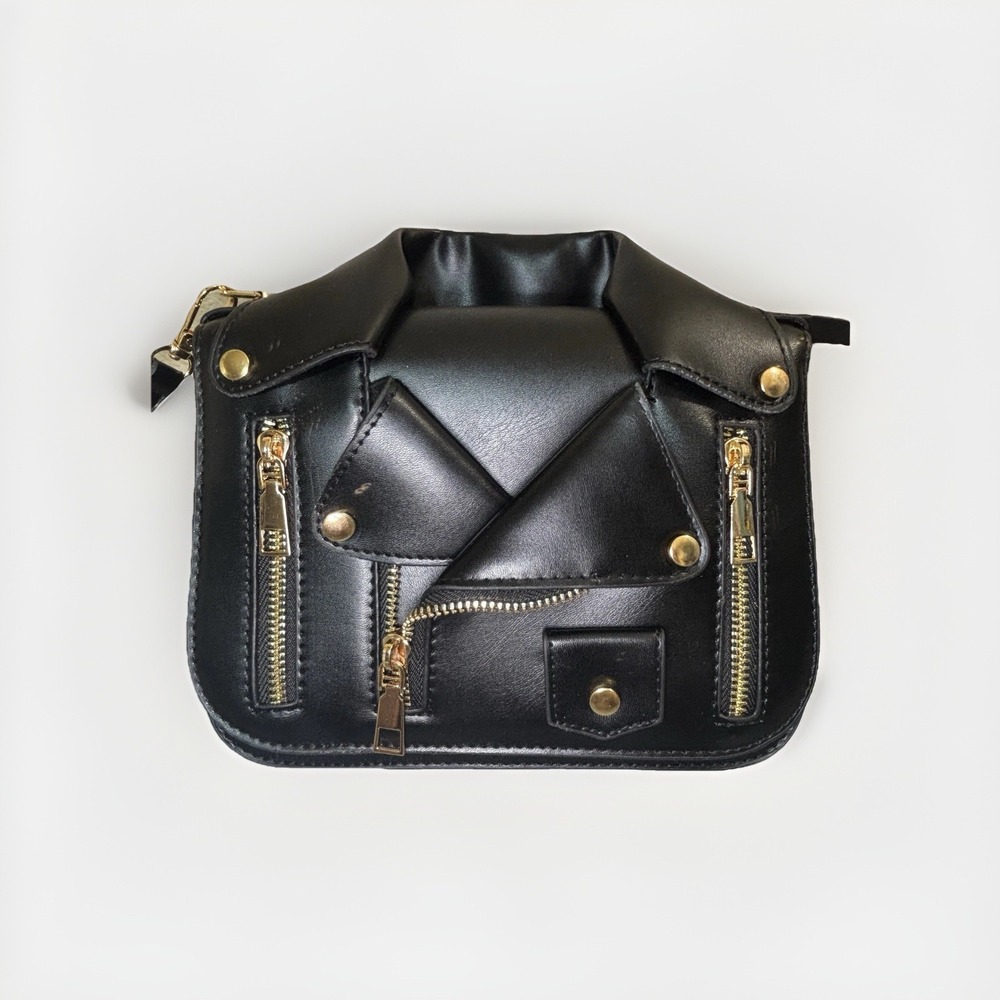 Leather Jacket Black Purse‎ Shoulder Crossbody Bag Handbag Zip Snap Trendy Cool